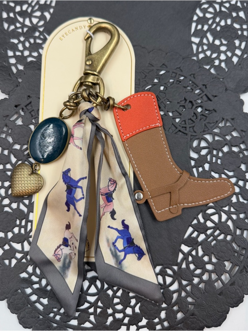 Eyecandy Boot Charm Keychain with Scarf and Heart Accent - Brown & Orange